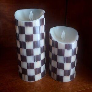 Mackenzie Childs Set of Two 7" & 5"Courtly Check Flicker Piller Candles